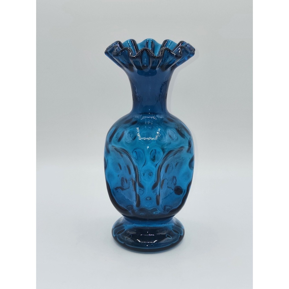 Fenton Jamestown Blue Coin Dot Art Glass Vase Ruffled Rim‎